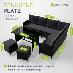 Gartenlounge Manacor schwarz - Sofa, Tisch, Hocker & Kissen - 8 Personen - Sitzbezüge in Grau ^ Juskys Discount