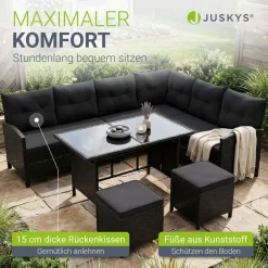 Gartenlounge Manacor schwarz - Sofa, Tisch, Hocker & Kissen - 8 Personen - Sitzbezüge in Grau ^ Juskys Discount