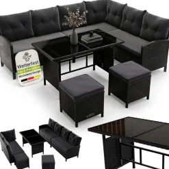 Gartenlounge Manacor schwarz - Sofa, Tisch, Hocker & Kissen - 8 Personen - Sitzbezüge in Grau ^ Juskys Discount