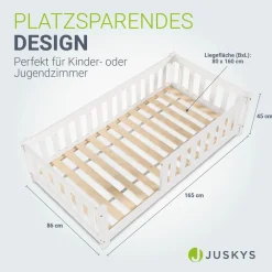 Kinderbett Naya - Bett mit Rausfallschutz & Lattenrost - Holz Bodenbett Kinder Weiß ^ Juskys Hot