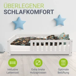 Kinderbett Naya - Bett mit Rausfallschutz & Lattenrost - Holz Bodenbett Kinder Weiß ^ Juskys Hot