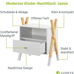 Kinder Nachttisch Jamie - Schublade, Ablage & Fach - kleiner Nachtschrank Holz - Kommode Weiß ^ Juskys Clearance