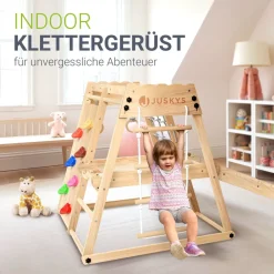 Juskys Klettergerüst für Kinder - Indoor Spielplatz mit Rutsche, Kletterwand & Turnringe Natur Discount
