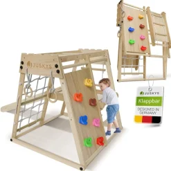 Juskys Klettergerüst für Kinder - Indoor Spielplatz mit Rutsche, Kletterwand & Turnringe Natur Discount