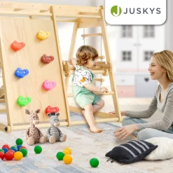 Juskys Klettergerüst für Kinder - Indoor Spielplatz mit Rutsche, Kletterwand & Turnringe Natur Discount
