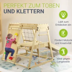Juskys Klettergerüst für Kinder - Indoor Spielplatz mit Rutsche, Kletterwand & Turnringe Natur Discount