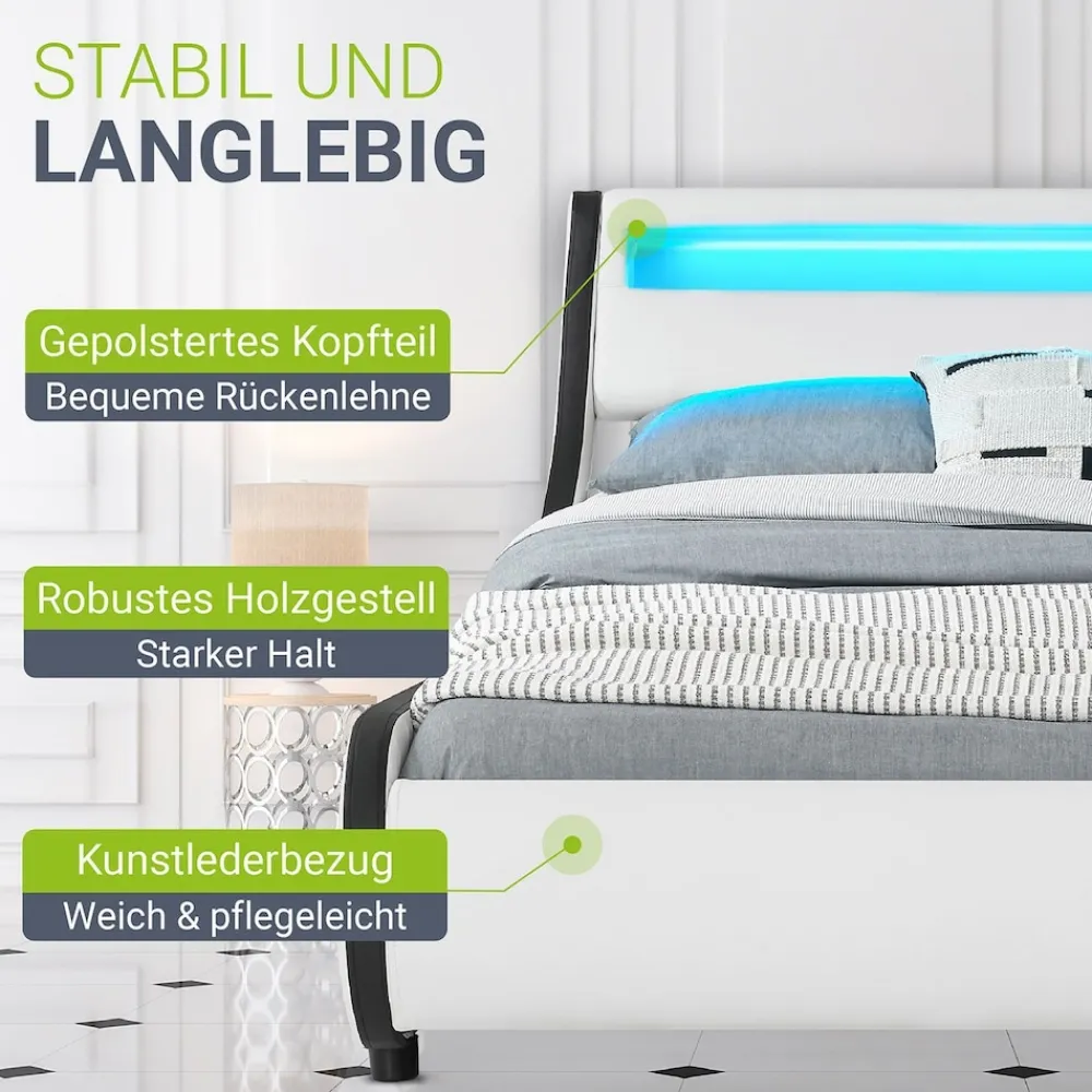 Polsterbett Bett Valencia 180 x 200 cm weiß mit Kaltschaummatratze Doppelbett mit LED ^ Juskys Hot
