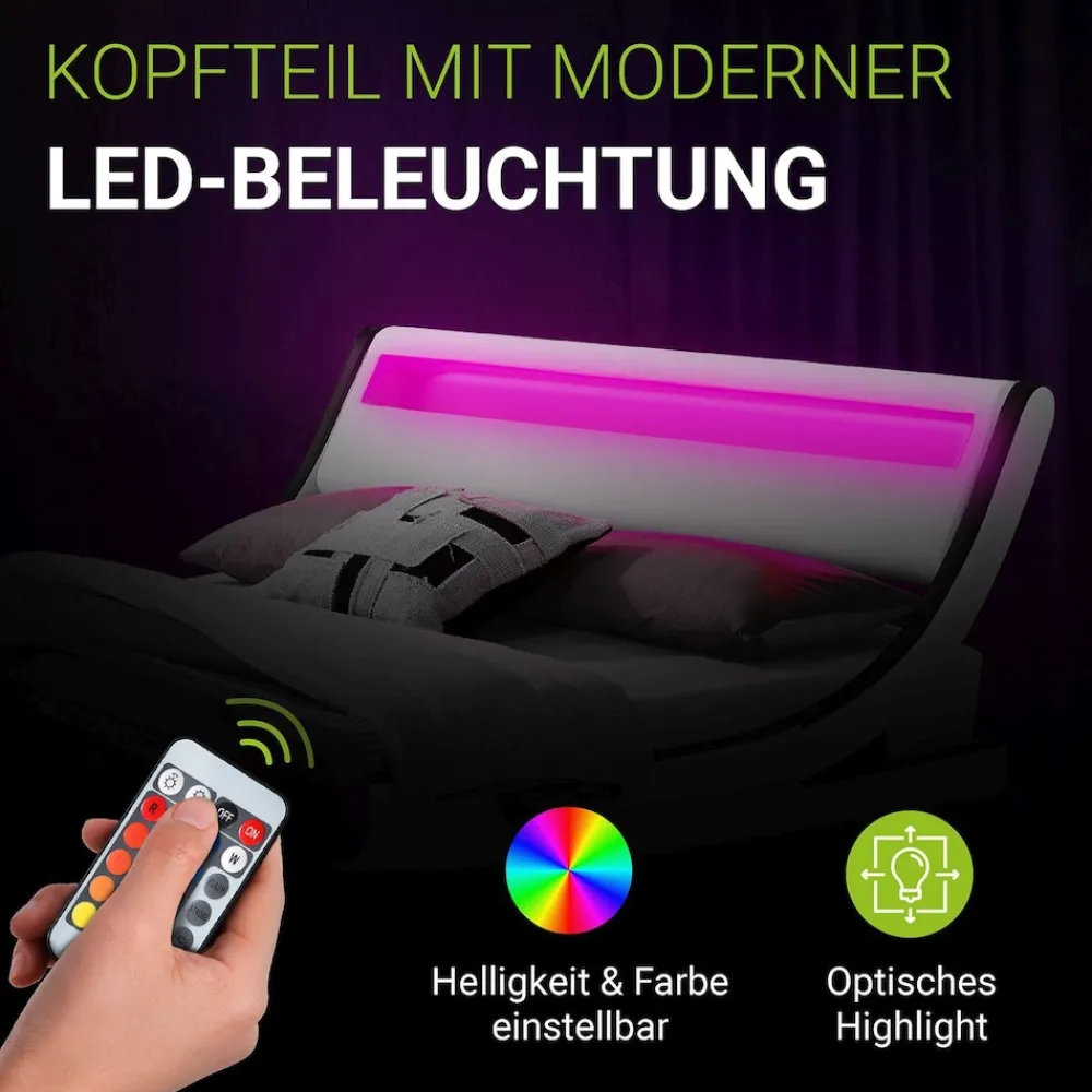 Polsterbett Bett Valencia 180 x 200 cm weiß mit Kaltschaummatratze Doppelbett mit LED ^ Juskys Hot