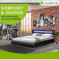 Juskys Polsterbett Sevilla 180 x 200 cm schwarz Doppelbett Ehebett mit Kaltschaummatratze Hot
