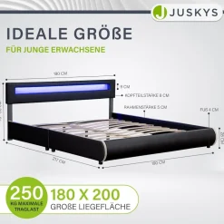 Juskys Polsterbett Sevilla 180 x 200 cm schwarz Doppelbett Ehebett mit Kaltschaummatratze Hot