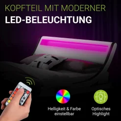 Juskys Polsterbett Valencia 140x200 cm - Bett mit Lattenrost & LED Beleuchtung – Jugendbett weiß New