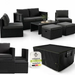 Polyrattan Gartenmöbel Set Salou inkl. Abdeckung - Outdoor Lounge für 6 Personen, wetterfest - Schwarz ^ Juskys Outlet