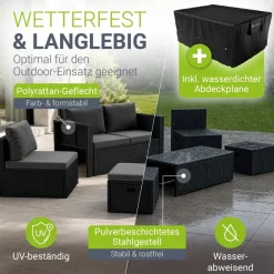 Polyrattan Gartenmöbel Set Salou inkl. Abdeckung - Outdoor Lounge für 6 Personen, wetterfest - Schwarz ^ Juskys Outlet