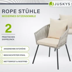 Rope Stühle 2er Set - mit Seilgeflecht & Polster - wetterfest & bis 160 kg belastbar - hell ^ Juskys Best