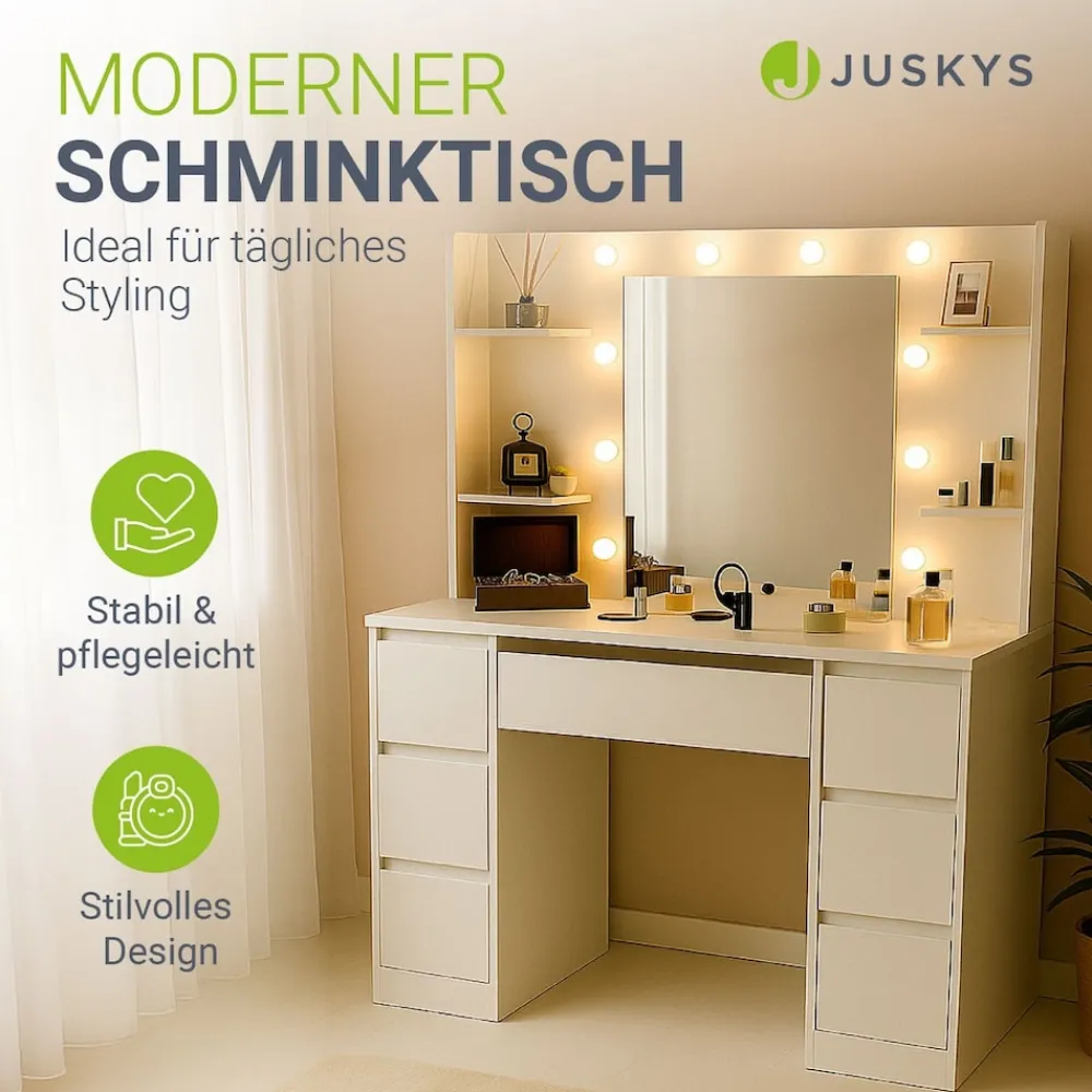 Schminktisch Malia mit LED-Spiegel, Helligkeit & Farbtemperatur individuell einstellbar, viel Stauraum – Weiß ^ Juskys Discount