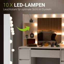 Schminktisch Malia mit LED-Spiegel, Helligkeit & Farbtemperatur individuell einstellbar, viel Stauraum – Weiß ^ Juskys Discount