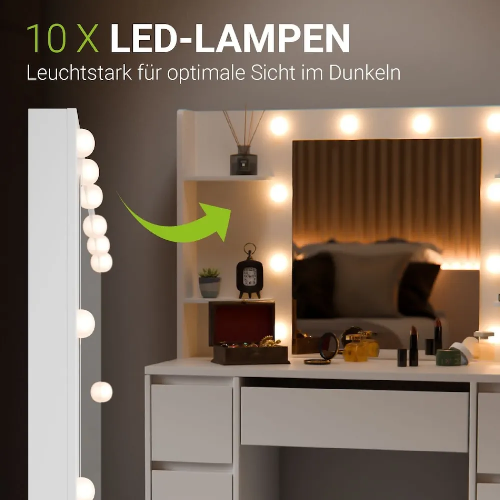 Schminktisch Malia mit LED-Spiegel, Helligkeit & Farbtemperatur individuell einstellbar, viel Stauraum – Weiß ^ Juskys Discount