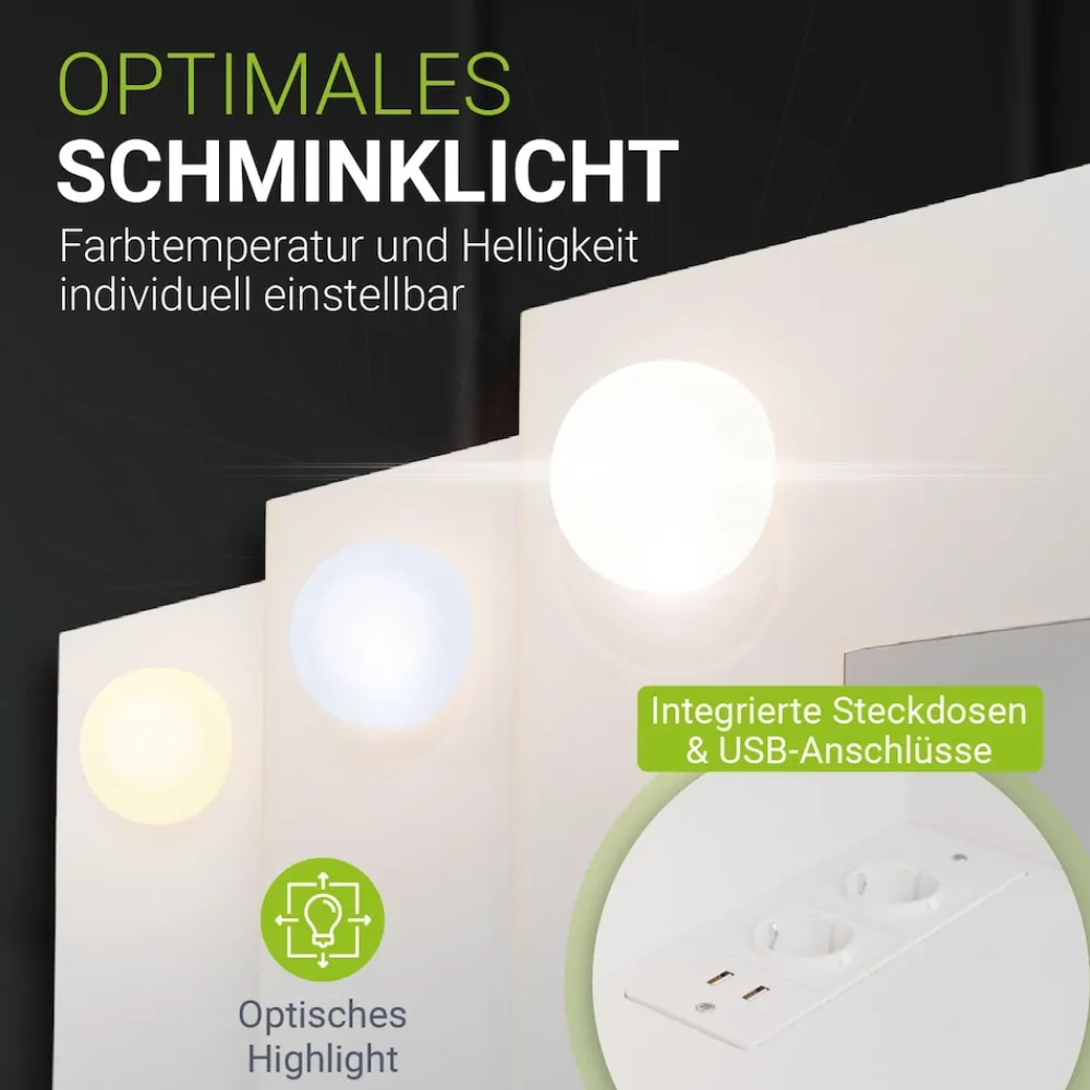 Schminktisch Malia mit LED-Spiegel, Helligkeit & Farbtemperatur individuell einstellbar, viel Stauraum – Weiß ^ Juskys Discount