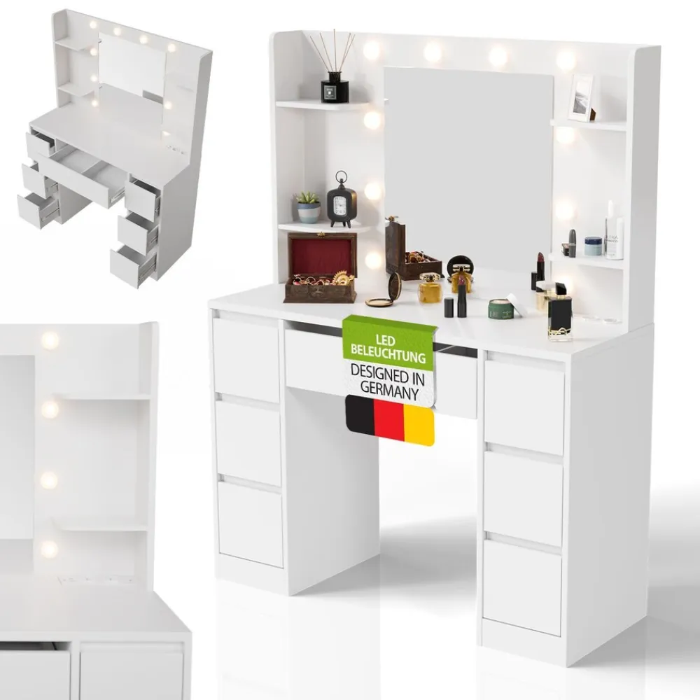 Schminktisch Malia mit LED-Spiegel, Helligkeit & Farbtemperatur individuell einstellbar, viel Stauraum – Weiß ^ Juskys Discount