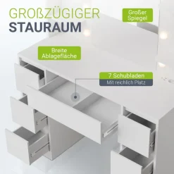 Schminktisch Malia mit LED-Spiegel, Helligkeit & Farbtemperatur individuell einstellbar, viel Stauraum – Weiß ^ Juskys Discount