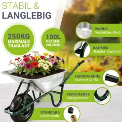 Schubkarre Garden - 100 Liter - 250 kg - Luftreifen mit Metall Felge - Wanne verzinkt ^ Juskys Outlet
