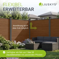 Juskys ® WPC Sichtschutzzaun 1er Set - 1x Element + 2x Pfosten & Zubehör, Gartenset WPC- & Stahlkonstruktion, Teak / Grau Anthrazit Clearance