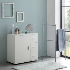 Badezimmerschrank, zeitloses Design, großer Stauraum, matt weiß, 60x65,5x33 cm. ^ KADIMA DESIGN Discount