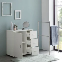 Badezimmerschrank, zeitloses Design, großer Stauraum, matt weiß, 60x65,5x33 cm. ^ KADIMA DESIGN Discount