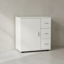 Badezimmerschrank, zeitloses Design, großer Stauraum, matt weiß, 60x65,5x33 cm. ^ KADIMA DESIGN Discount