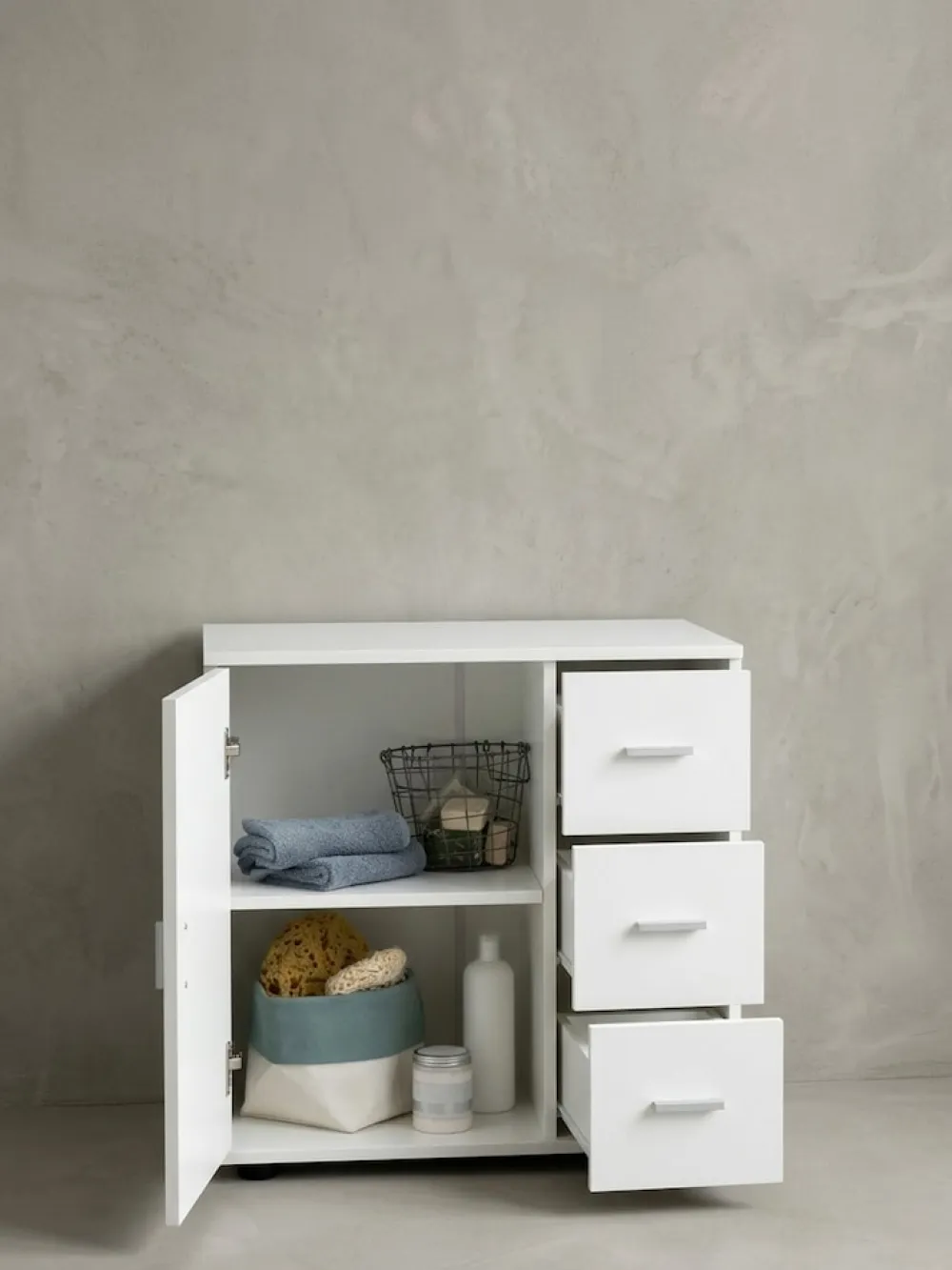 Badezimmerschrank, zeitloses Design, großer Stauraum, matt weiß, 60x65,5x33 cm. ^ KADIMA DESIGN Discount