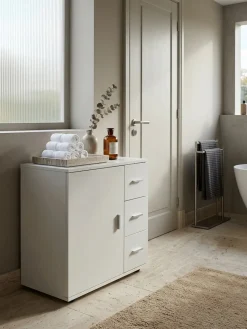 Badezimmerschrank, zeitloses Design, großer Stauraum, matt weiß, 60x65,5x33 cm. ^ KADIMA DESIGN Discount