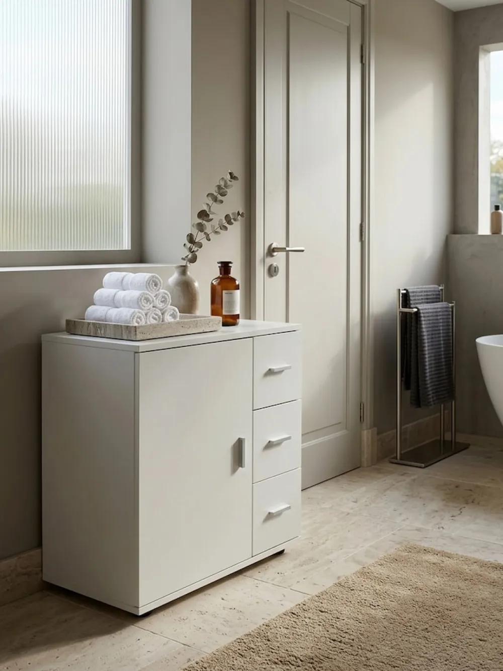 Badezimmerschrank, zeitloses Design, großer Stauraum, matt weiß, 60x65,5x33 cm. ^ KADIMA DESIGN Discount