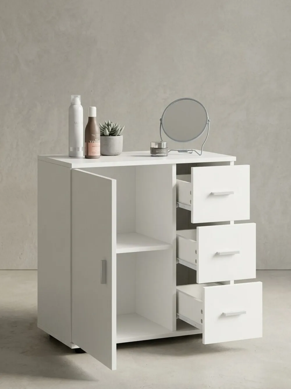 Badezimmerschrank, zeitloses Design, großer Stauraum, matt weiß, 60x65,5x33 cm. ^ KADIMA DESIGN Discount