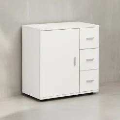 Badezimmerschrank, zeitloses Design, großer Stauraum, matt weiß, 60x65,5x33 cm. ^ KADIMA DESIGN Discount