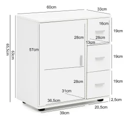 Badezimmerschrank, zeitloses Design, großer Stauraum, matt weiß, 60x65,5x33 cm. ^ KADIMA DESIGN Discount