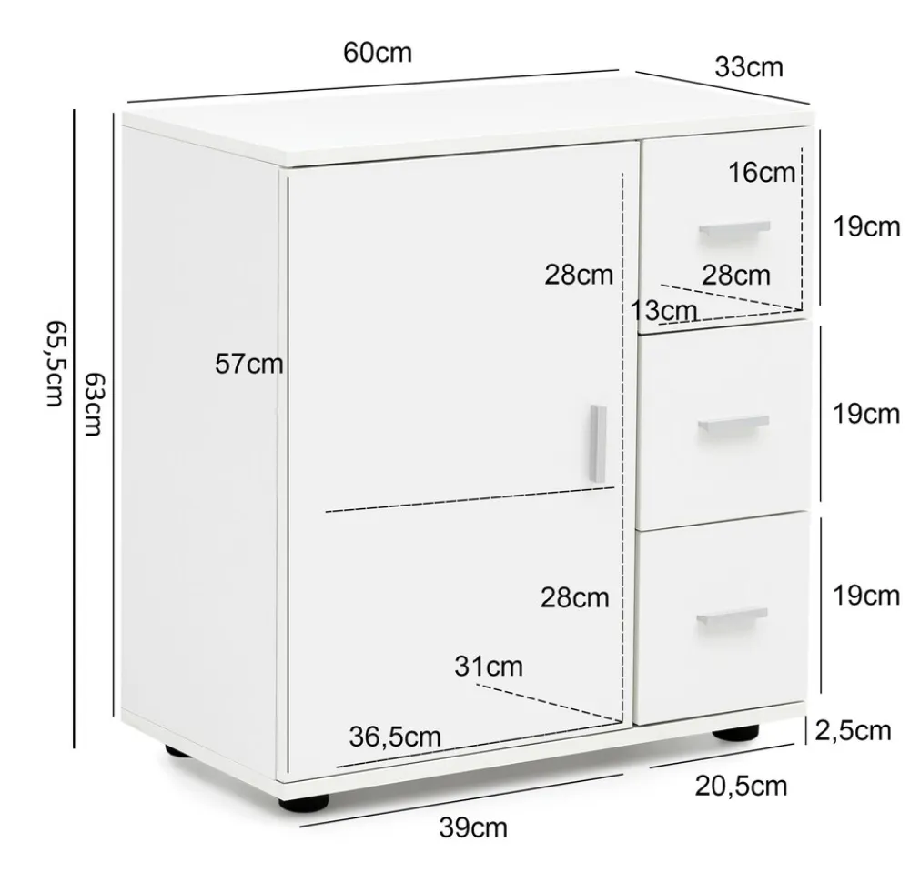 Badezimmerschrank, zeitloses Design, großer Stauraum, matt weiß, 60x65,5x33 cm. ^ KADIMA DESIGN Discount