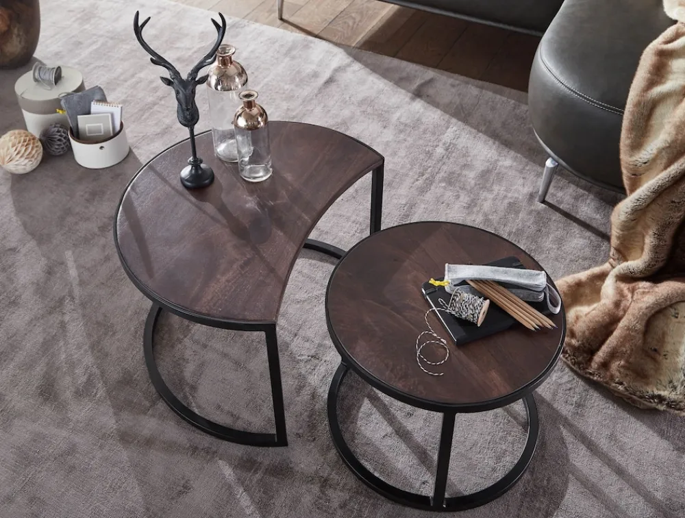 Couchtische ESINO Set: Industrial-Stil, Holz und Metall, handgefertigt, Anti-Rutsch-Noppen, 15 kg/10 kg Belastung ^ KADIMA DESIGN Online