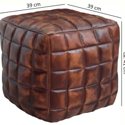 Echtleder Sitzhocker, abgesteppte Quadrate, Braun, Used-Look, 41x39x39 cm. ^ KADIMA DESIGN Hot