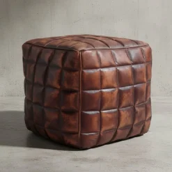 Echtleder Sitzhocker, abgesteppte Quadrate, Braun, Used-Look, 41x39x39 cm. ^ KADIMA DESIGN Hot