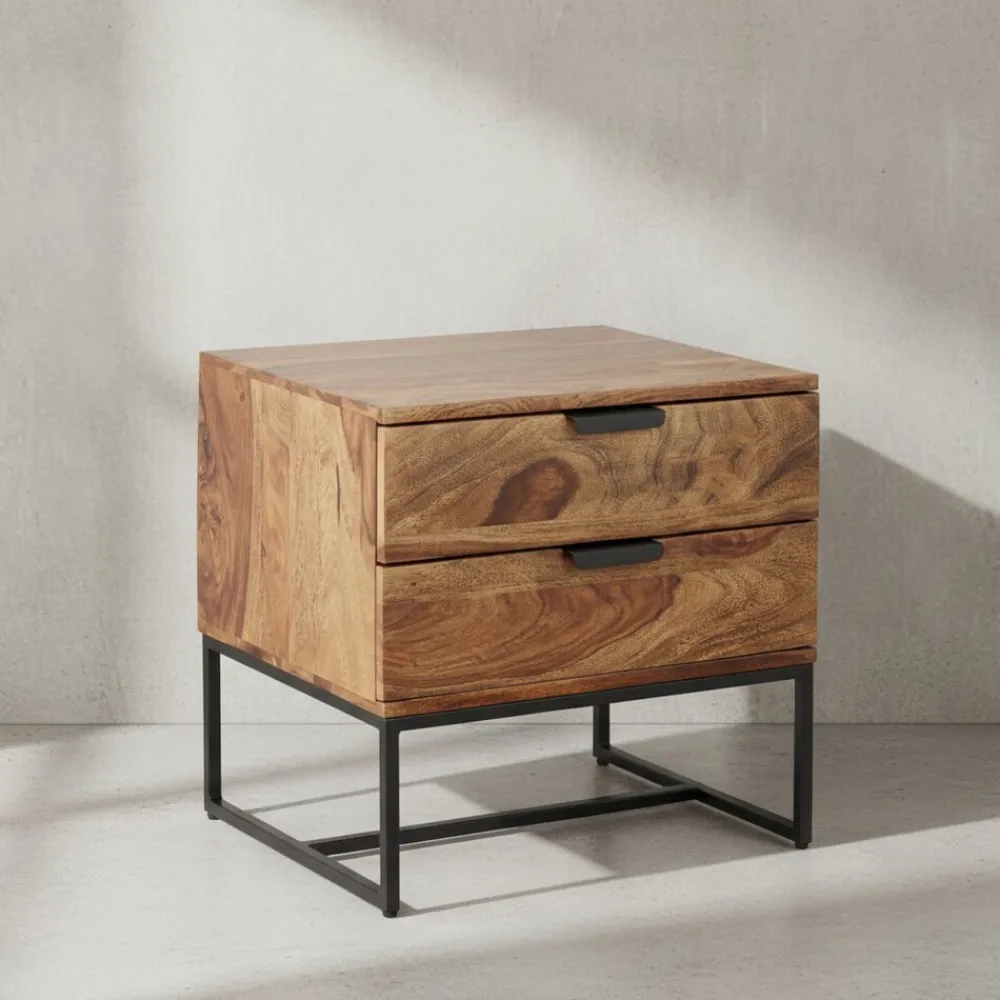 KADIMA DESIGN Industrial Nachtkonsole aus Sheesham-Holz und Eisen, 2 Schubladen, 50x40x51 cm Outlet