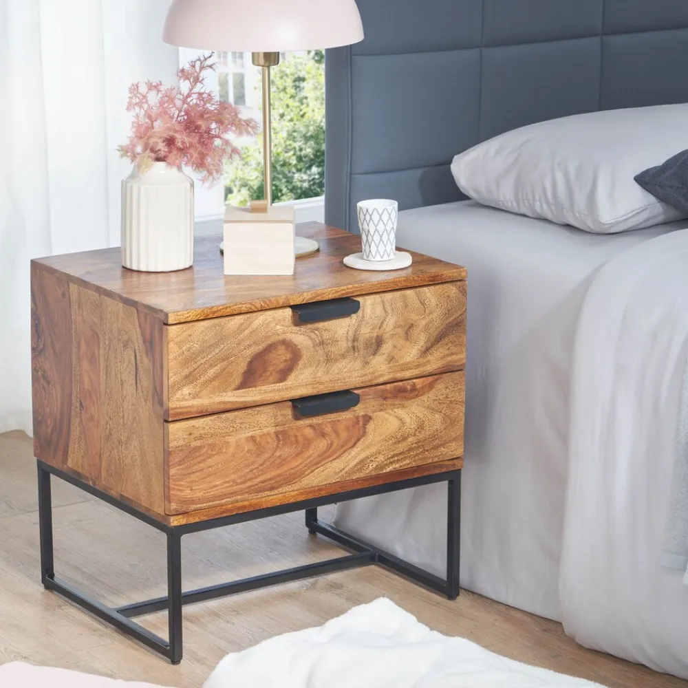 KADIMA DESIGN Industrial Nachtkonsole aus Sheesham-Holz und Eisen, 2 Schubladen, 50x40x51 cm Outlet