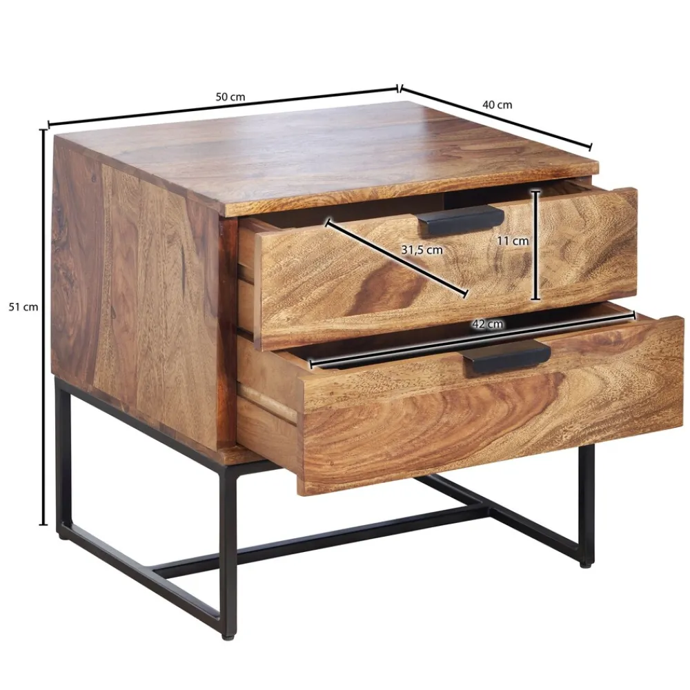 KADIMA DESIGN Industrial Nachtkonsole aus Sheesham-Holz und Eisen, 2 Schubladen, 50x40x51 cm Outlet