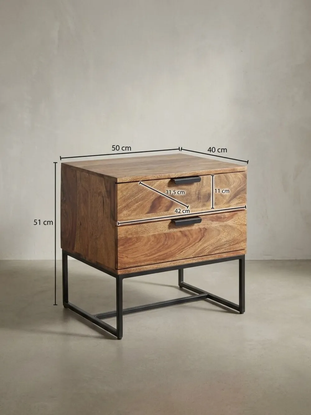 KADIMA DESIGN Industrial Nachtkonsole aus Sheesham-Holz und Eisen, 2 Schubladen, 50x40x51 cm Outlet
