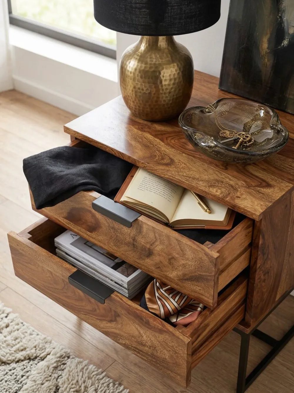 KADIMA DESIGN Industrial Nachtkonsole aus Sheesham-Holz und Eisen, 2 Schubladen, 50x40x51 cm Outlet