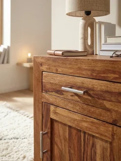 Massivholz Nachtschrank, Landhausstil, 60 cm Höhe, Schublade & Tür, Sheesham-Holz ^ KADIMA DESIGN Discount