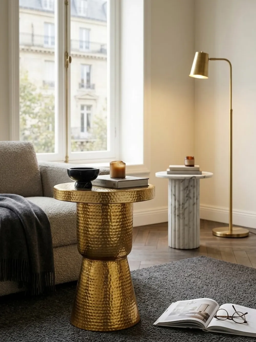 KADIMA DESIGN Orientalischer Dekotisch ENNS: Aluminium, Hammerschlag-Strukturen, 43x59x43 cm Gold