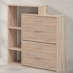 KADIMA DESIGN Schuhkipper Holz für 12 Paar Schuhe - Sonoma Eiche, Modernes Design, Metallgriffe, MDF-Holz, Discount