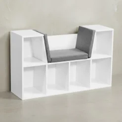 Schuhregal mit Sitzbank, weißer Korpus, graue Polsterung, 6 Fächer, 101,5x61,5x30 cm. ^ KADIMA DESIGN Outlet