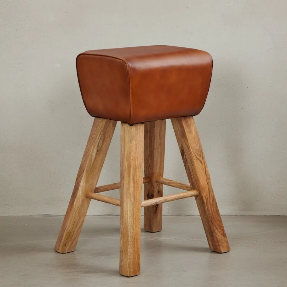 Sportlicher Turnbock-Barhocker, Ziegenleder und Mango Massivholz, 43x75x43 cm, dunkelbraun. ^ KADIMA DESIGN Sale