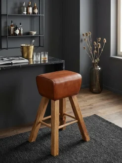Sportlicher Turnbock-Barhocker, Ziegenleder und Mango Massivholz, 43x75x43 cm, dunkelbraun. ^ KADIMA DESIGN Sale